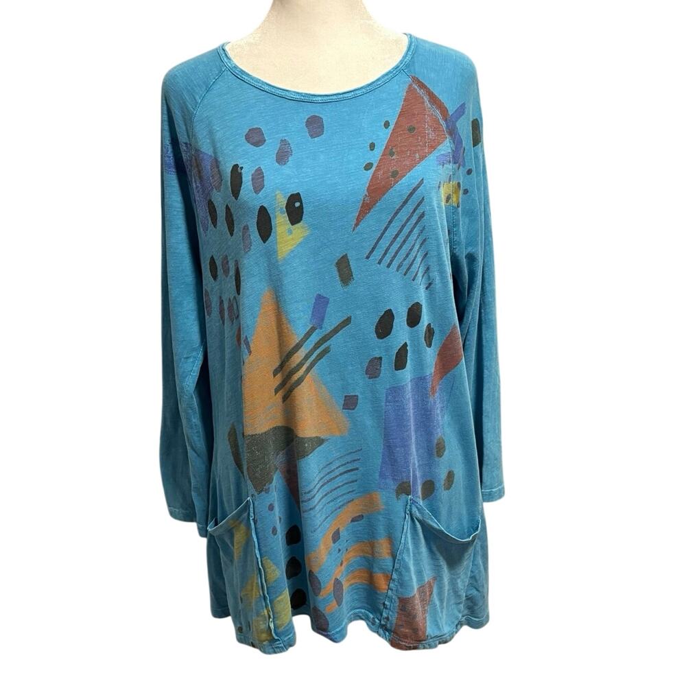 Jess & Jane Size M Tunic Top Tee Long Sleeve Abstract Print Art To Wear USA Made